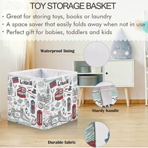 visesunny Rectangular Storage Bins London Landmark Lettering Storage Baskets Canvas Fabric Storage Boxes Foldable Nursery Basket for Clothes,Books,Toys,Shelves,Gifts