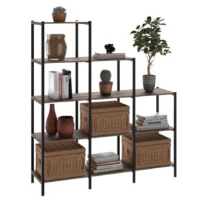 closetmaid ladder step bookcase, 5 tier, 7 shelves, display shelf for living room or office, industrial black metal and wood, weathered gray