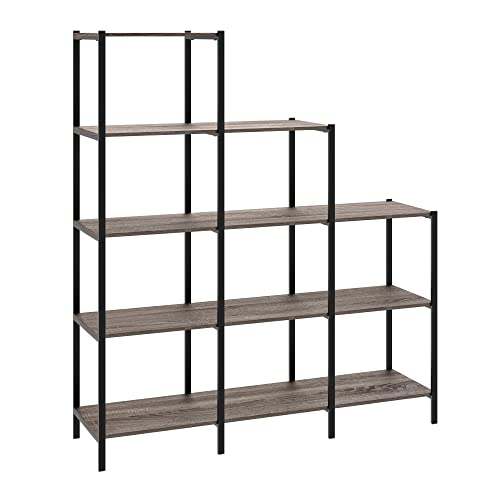 ClosetMaid Ladder Step Bookcase, 5 Tier, 7 Shelves, Display Shelf for Living Room or Office, Industrial Black Metal and Wood, Weathered Gray