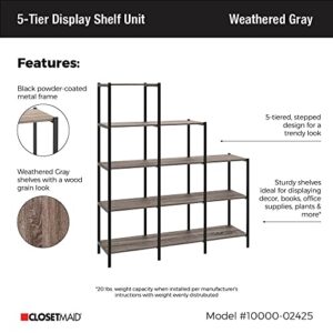 ClosetMaid Ladder Step Bookcase, 5 Tier, 7 Shelves, Display Shelf for Living Room or Office, Industrial Black Metal and Wood, Weathered Gray