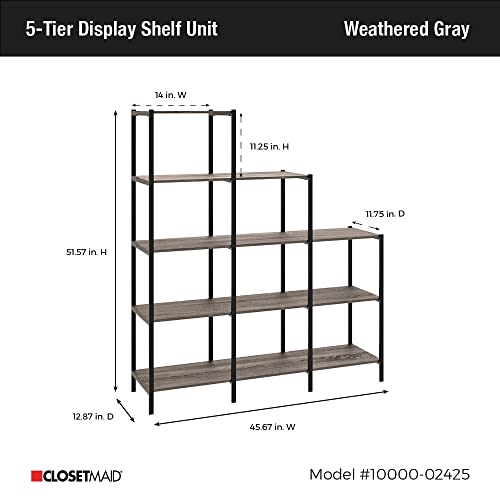 ClosetMaid Ladder Step Bookcase, 5 Tier, 7 Shelves, Display Shelf for Living Room or Office, Industrial Black Metal and Wood, Weathered Gray