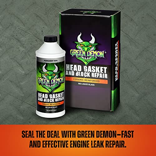 GREEN DEMON Head Gasket and Block Repair | Ceramic Reinforced Head Gasket Sealer | Advanced Coolant Leak DIY Permanent Repair | Engine/Cylinder Sealant | for Cars, SUVs, Trucks | 16oz