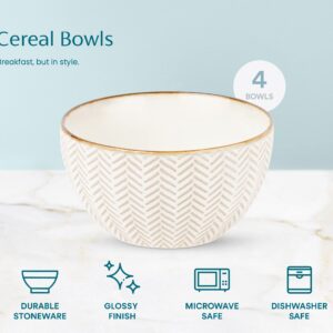 KooK Ceramic Cereal Bowls, Embossed, for Yogurt, Dessert and Poke, Microwave & Dishwasher Safe, Cream with Dark Copper Accents, Set of 4, 22 oz, Narbonne Collection
