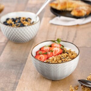 KooK Ceramic Cereal Bowls, Embossed, for Yogurt, Dessert and Poke, Microwave & Dishwasher Safe, Cream with Dark Copper Accents, Set of 4, 22 oz, Narbonne Collection
