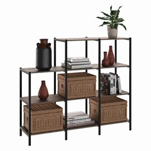 closetmaid ladder step bookcase, 4 tier, 5 shelves, display shelf for living room or office, industrial black metal and wood, weathered gray