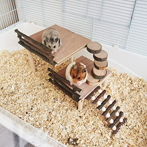 HEEPDD Wooden Hamster Platform, 2 Tier Small Pets Climbing Platform with Fence Ladder for Hamster Gerbil Mice Bird Guinea Pig