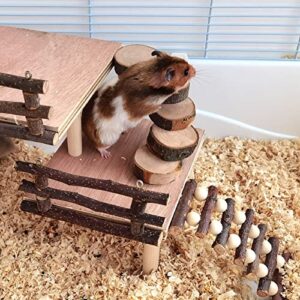 HEEPDD Wooden Hamster Platform, 2 Tier Small Pets Climbing Platform with Fence Ladder for Hamster Gerbil Mice Bird Guinea Pig