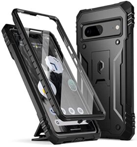 poetic revolution series case designed for google pixel 7 5g with built-in screen protector, work with fingerprint id, full body rugged shockproof protective cover case with kickstand, black