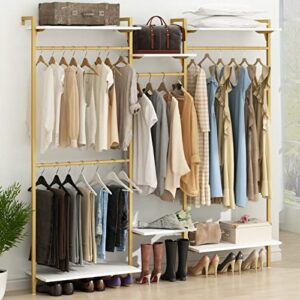 auromie gold wall mount clothes rack with 4 hanging rods, clothing rack with 6-tier adjustable shelves, closet storage organizer system kit, heavy duty garment rack with metal (80.43" l*78.62" h)