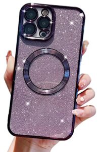 eiyikof iphone 12 pro max magnetic case, luxury glitter bling clear tpu cover with camera lens protector - purple