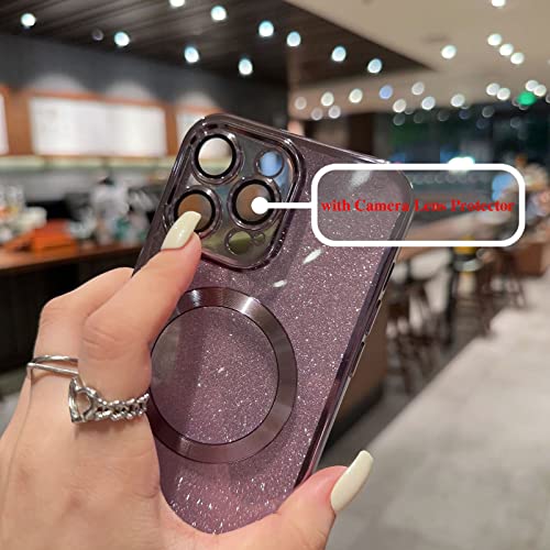 Eiyikof iPhone 12 Pro Max Magnetic Case, Luxury Glitter Bling Clear TPU Cover with Camera Lens Protector - Purple