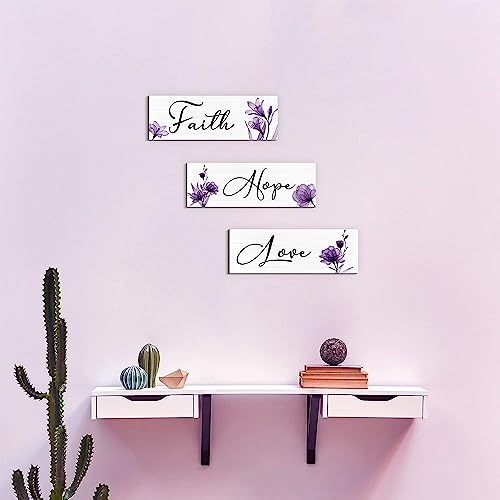 Creoate Purple Flower Wall Art 3 Pieces Faith Love Hope Wall Decor Motivational Wood Sign Hanging Plaque with Flower Art Print Farmhouse Home Living Room Bedroom Decor, Purple