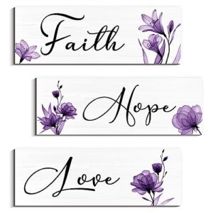 creoate purple flower wall art 3 pieces faith love hope wall decor motivational wood sign hanging plaque with flower art print farmhouse home living room bedroom decor, purple