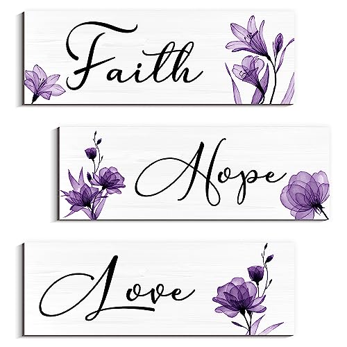 Creoate Purple Flower Wall Art 3 Pieces Faith Love Hope Wall Decor Motivational Wood Sign Hanging Plaque with Flower Art Print Farmhouse Home Living Room Bedroom Decor, Purple