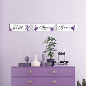 Creoate Purple Flower Wall Art 3 Pieces Faith Love Hope Wall Decor Motivational Wood Sign Hanging Plaque with Flower Art Print Farmhouse Home Living Room Bedroom Decor, Purple