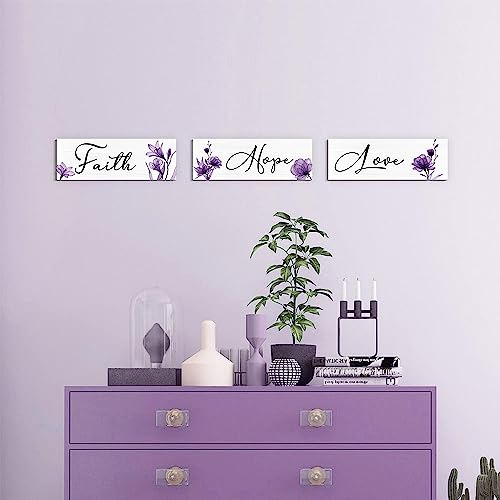 Creoate Purple Flower Wall Art 3 Pieces Faith Love Hope Wall Decor Motivational Wood Sign Hanging Plaque with Flower Art Print Farmhouse Home Living Room Bedroom Decor, Purple