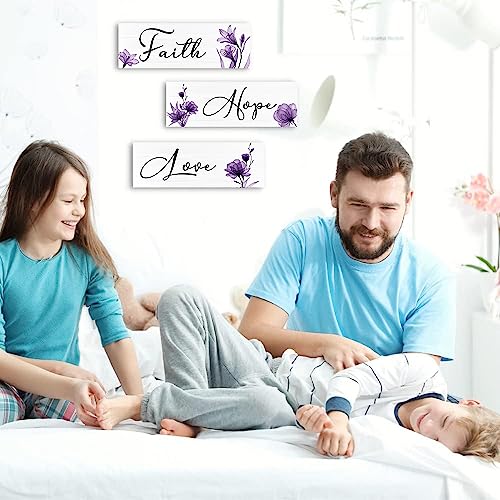 Creoate Purple Flower Wall Art 3 Pieces Faith Love Hope Wall Decor Motivational Wood Sign Hanging Plaque with Flower Art Print Farmhouse Home Living Room Bedroom Decor, Purple