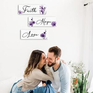 Creoate Purple Flower Wall Art 3 Pieces Faith Love Hope Wall Decor Motivational Wood Sign Hanging Plaque with Flower Art Print Farmhouse Home Living Room Bedroom Decor, Purple