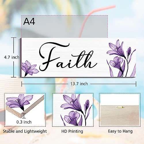 Creoate Purple Flower Wall Art 3 Pieces Faith Love Hope Wall Decor Motivational Wood Sign Hanging Plaque with Flower Art Print Farmhouse Home Living Room Bedroom Decor, Purple