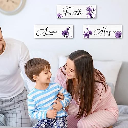 Creoate Purple Flower Wall Art 3 Pieces Faith Love Hope Wall Decor Motivational Wood Sign Hanging Plaque with Flower Art Print Farmhouse Home Living Room Bedroom Decor, Purple