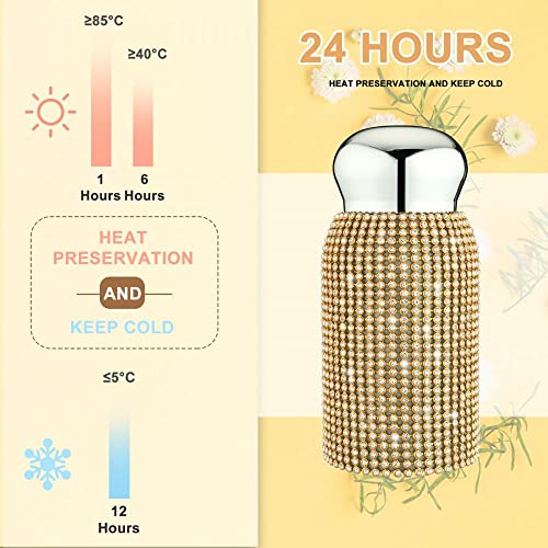 Diamond Thermos Bottle for Womens, Diamond Water Bottle Bling Rhinestone Small Cute 200ML Stainless Steel Vacuum Flask Sparkling Refillable Metal Insulated Glitter Thermal Bottle (Gold)