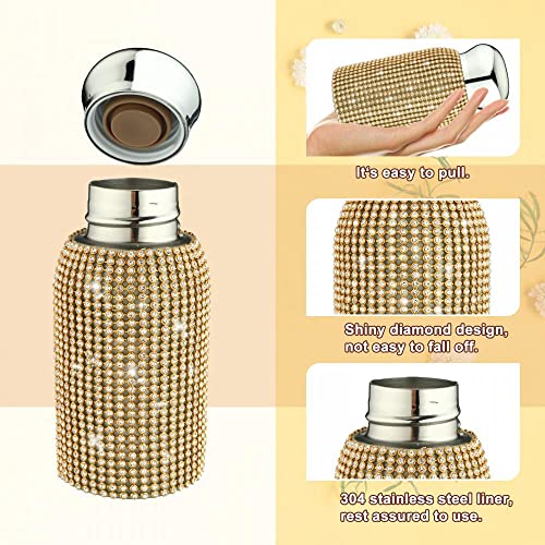 Diamond Thermos Bottle for Womens, Diamond Water Bottle Bling Rhinestone Small Cute 200ML Stainless Steel Vacuum Flask Sparkling Refillable Metal Insulated Glitter Thermal Bottle (Gold)