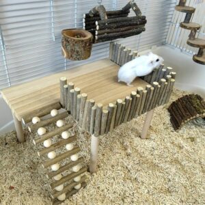 Tnfeeon Wooden Hamster Platform for Cage with Ladder Dwarf Hamster Standing Platform Wood Cage Accessories Exercise Toy for Mouse Guinea Pig Chinchilla Gerbil Squirrel