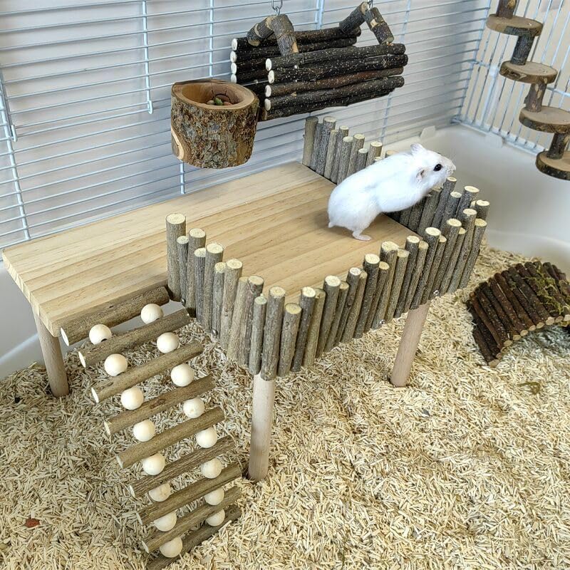 Tnfeeon Wooden Hamster Platform for Cage with Ladder Dwarf Hamster Standing Platform Wood Cage Accessories Exercise Toy for Mouse Guinea Pig Chinchilla Gerbil Squirrel