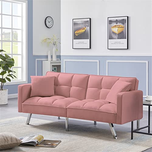 Sofas Futon Sofa Bed with 5 Golden Metal Legs, Sleeper Sofa Couch with Two Pillows, Loveseat Sofa for Living Room and Bedroom