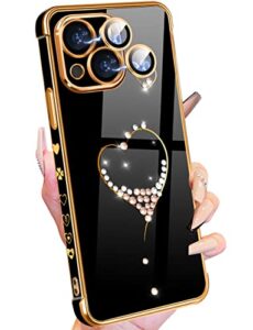 petitian for iphone 14 plus case, cute women girls bling glitter love heart designed for iphone 14 plus phone cases, girly gold plating phone cover for 14 plus with camera protection black