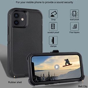 GYJ for iPhone 12/for iPhone 12 Pro Case 6.1" Belt-Clip Kickstand Holster with 2 Screen Protector,Full Body Rugged Heavy Duty Military Grade Shockproof/Drop Protection Cover (Black+Clip)