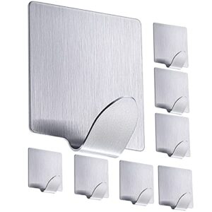 yogeernic 8 pcs adhesive towel hooks, no drilling wall mount hooks, heavy duty stainless steel hooks for bathroom bedroom kitchen hotel(silvery)