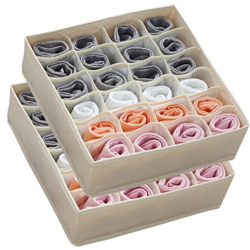 goiealeaes Drawer Organiser Divider, Set of 2 Fabric Foldable Dresser Grids Wardrobe Storage Bedroom Closet Storage Boxes for Storing Socks, Underwear, Ties, Scarves, Beige