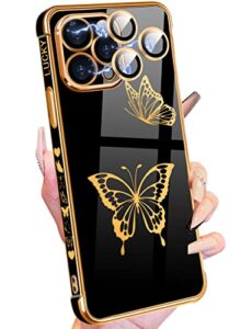 petitian for iphone 14 pro max case, cute women girls gold designed butterflies phone cases for iphone 14 pro max, girly gold plating phone cover for 14 pro max with camera protector black