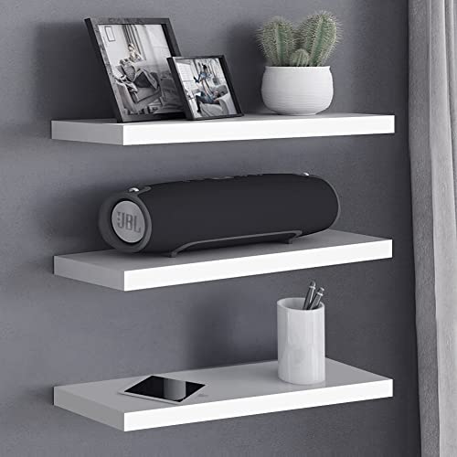 NOKAMW White Floating Wall Shelves,Wall Mounted Display Shelf,Home Decor Wall Storage Shelves Set of 3,Shelf for Wall with Invisible Brackets,Wall Display Rack for Kitchen Office Living Room,3 Pack