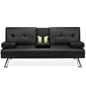 sofas leather upholstered convertible sofa bed futon w/ 2 cupholders comfortable simple assembly (color : a)