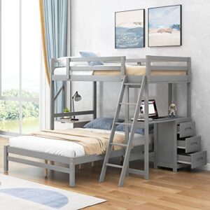 glorhome twin multifunctional bunk&loft bed with removable underbed, 3 storage drawers and desk, space saving furniture for kids adults