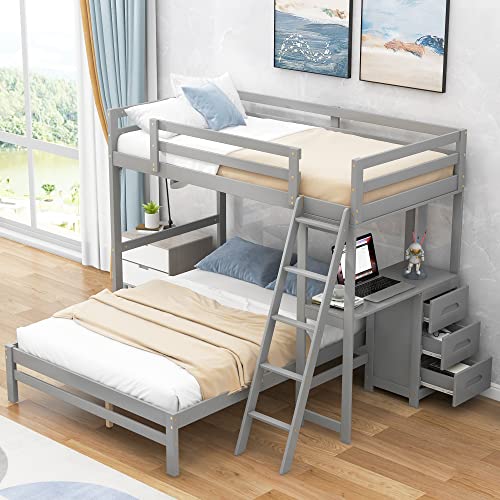 GLORHOME Twin Multifunctional Bunk&Loft Bed with Removable Underbed, 3 Storage Drawers and Desk, Space Saving Furniture for Kids Adults