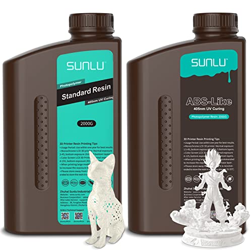 SUNLU 3D Printer Standard Resin 2KG Clear & SUNLU 3D Printer ABS-Like Resin 2KG White, 405nm UV Curing Resin for 4K/8K LCD/DLP/SLA Resin 3D Printer, Non-Brittle & High Precision & Low Shrinkage, 2000g