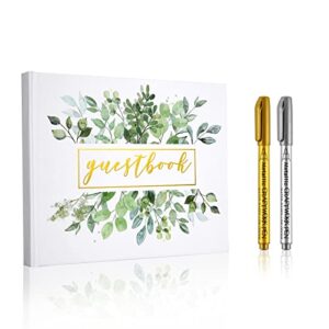 wedding guest book, includes 2 markers pen, 120 lined pages guest sign-in book, white cover with gold foil design, gold gilded edges, 9x7 inches hardbound, gold ribbon, guest book wedding reception