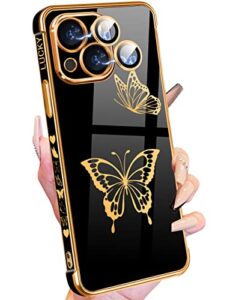 petitian for iphone 14 plus case, cute women girls gold butterflies designed for iphone 14 plus phone cases, girly gold plating phone cover for 14 plus with camera protection black