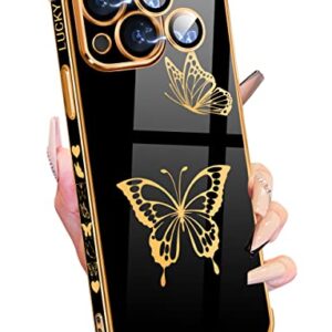 Petitian for iPhone 14 Plus Case, Cute Women Girls Gold Butterflies Designed for iPhone 14 Plus Phone Cases, Girly Gold Plating Phone Cover for 14 Plus with Camera Protection Black