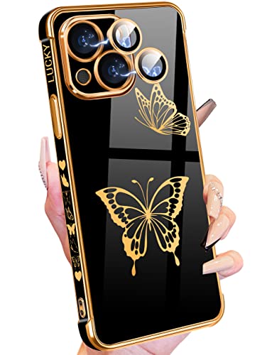 Petitian for iPhone 14 Plus Case, Cute Women Girls Gold Butterflies Designed for iPhone 14 Plus Phone Cases, Girly Gold Plating Phone Cover for 14 Plus with Camera Protection Black