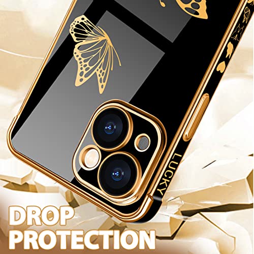 Petitian for iPhone 14 Plus Case, Cute Women Girls Gold Butterflies Designed for iPhone 14 Plus Phone Cases, Girly Gold Plating Phone Cover for 14 Plus with Camera Protection Black