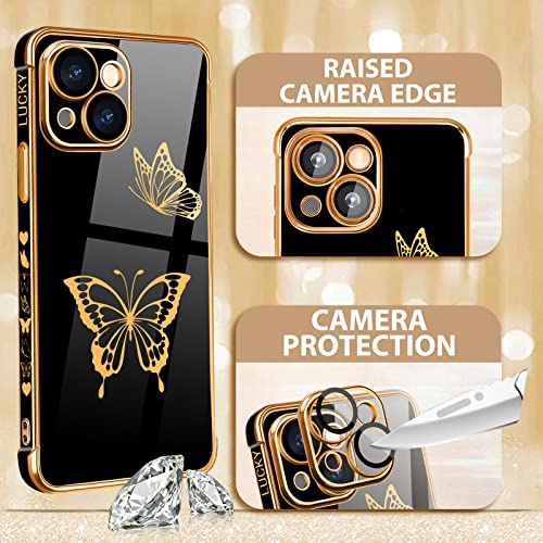 Petitian for iPhone 14 Plus Case, Cute Women Girls Gold Butterflies Designed for iPhone 14 Plus Phone Cases, Girly Gold Plating Phone Cover for 14 Plus with Camera Protection Black