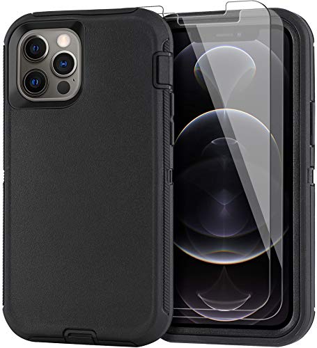 Case for iPhone 12 Pro Max Case 6.7" with 2 Screen Protector, Full Body Rugged Heavy Duty Military Grade Cover, Shockproof Drop-Proof Protection Durable Phone Case (Black)