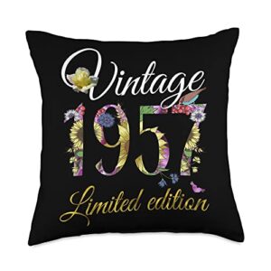 66th birthday vintage 1957 gifts tee by alice ron vintage 1957 tee 66 year old sunflowers floral 66th birthday throw pillow, 18x18, multicolor