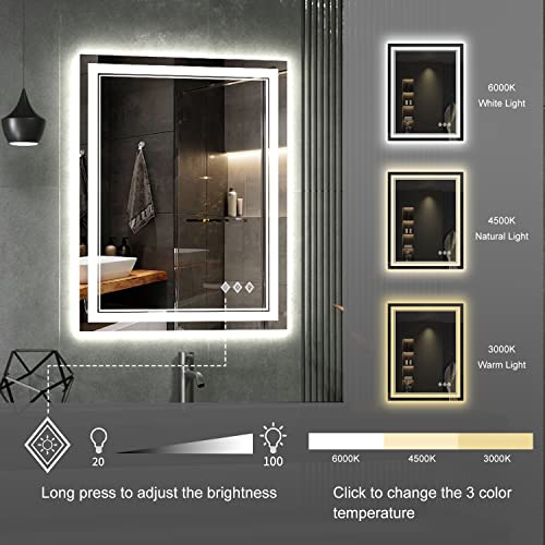 VanPokins LED Bathroom Mirror, 24x32 Inch Gradient Front and Backlit LED Mirror for Bathroom, 3 Colors Dimmable CRI>90 Double Lights, IP54 Enhanced Anti-Fog, Hanging Plates Wall Mount Lighted Mirror