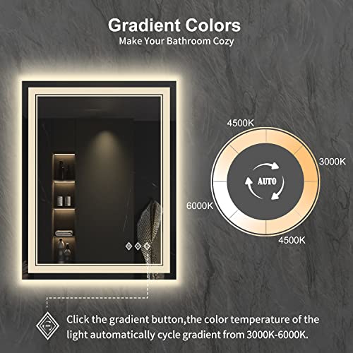 VanPokins LED Bathroom Mirror, 24x32 Inch Gradient Front and Backlit LED Mirror for Bathroom, 3 Colors Dimmable CRI>90 Double Lights, IP54 Enhanced Anti-Fog, Hanging Plates Wall Mount Lighted Mirror