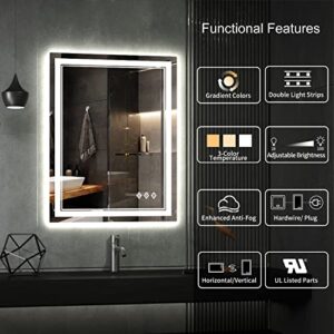 VanPokins LED Bathroom Mirror, 24x32 Inch Gradient Front and Backlit LED Mirror for Bathroom, 3 Colors Dimmable CRI>90 Double Lights, IP54 Enhanced Anti-Fog, Hanging Plates Wall Mount Lighted Mirror